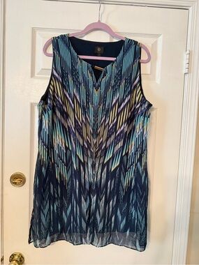 JM Collection Navy Multicolor Sleeveless Tunic